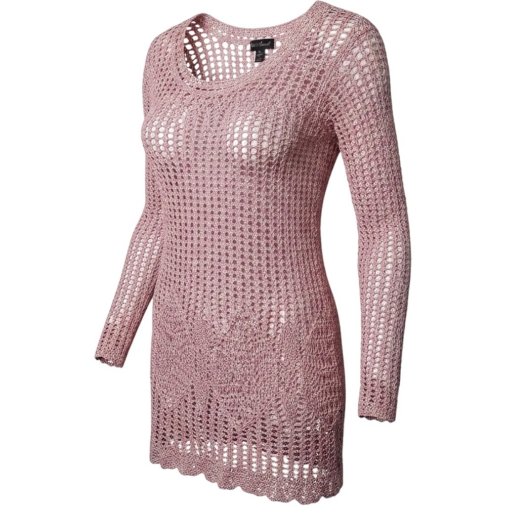 VTG Open Knit Sweater 1X Pink Crochet Faux Pearl Boho Indie Festival Shabby Chic